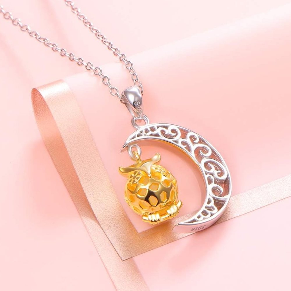 NEW 925 Sterling Silver Moon and Luminous Glow Bead Owl Pendant with Necklace